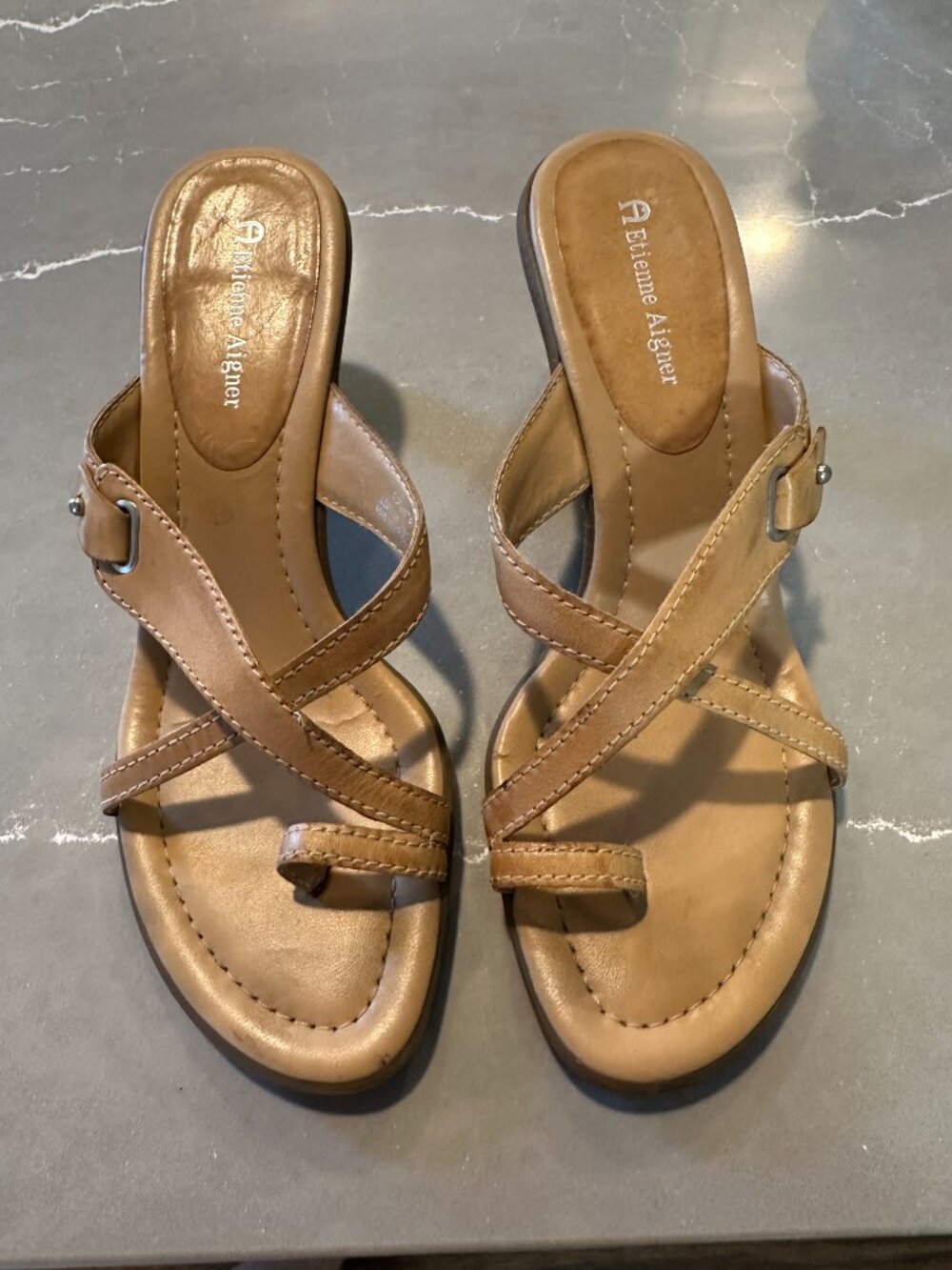 Etienne Aigner Leather Crisscross Toe-Loop Kitten Heel Sandals